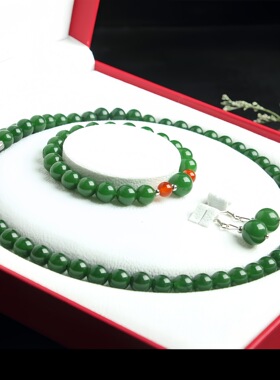 台湾青玉项链套装碧玉色妈妈链三件套送长辈礼品礼盒装菠菜绿珠链