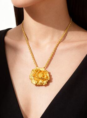 新中式金店同款古法錾刻立体牡丹花吊坠沙金国潮富贵牡丹花开项链