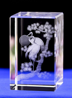 玻璃建筑桌面松鹤延年水晶摆件