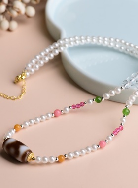 新中式虎牙三眼天珠玛瑙锁骨链