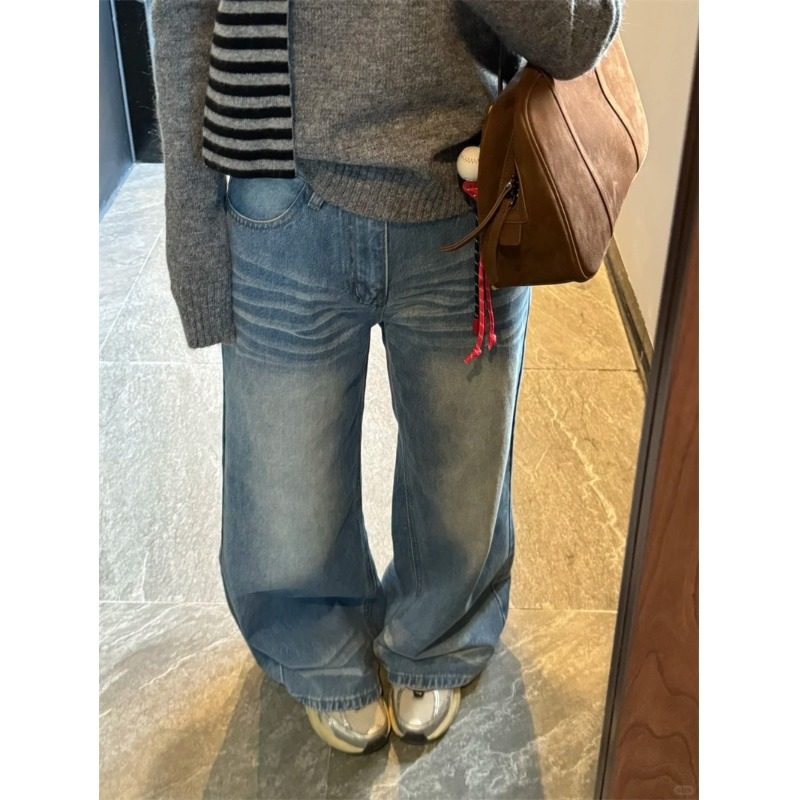 小个子美式折痕宽松阔腿牛仔裤设计感150CM高腰显瘦直筒拖地裤XS,淘宝优惠券,粉丝福利购,淘宝优惠卷