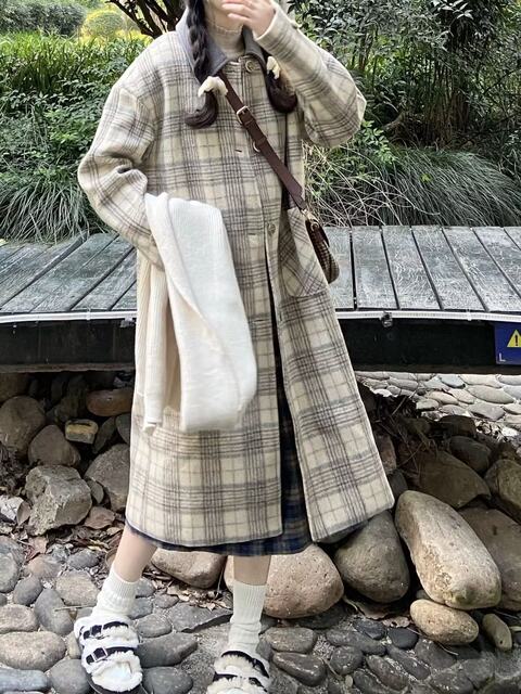 145小个子设计感中长款格子呢子外套2023秋冬宽松保暖夹棉大衣xs