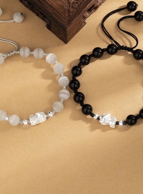 银千惠国潮招财貔貅一对转运珠平安纳福手绳猫眼石S999银手链情侣