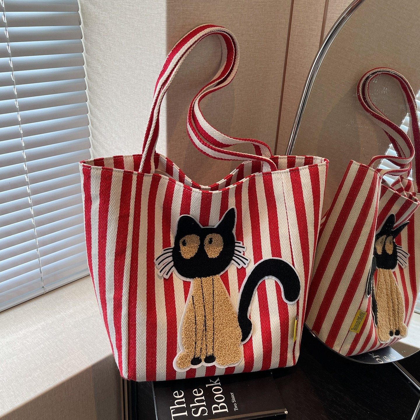条纹帆布包女2026新款休闲大容量托特包卡通猫咪通勤单肩包手提袋,淘宝优惠券,粉丝福利购,淘宝优惠卷