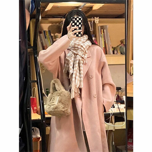 粉色毛呢外套女秋冬季中长款呢子大衣高级感小个子新年战袍过年会 - 图3
