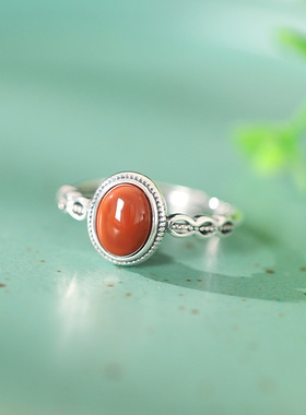 小蛋面戒指女式S925银嵌泰银复古做旧开口条纹纹理镂空流线指环