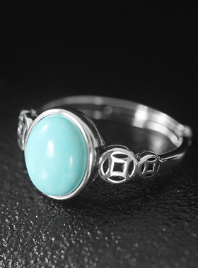 s925银南红玛瑙铜币戒指女复古钱币食指指环百搭小众设计开口个性