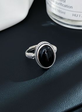 s925银玛瑙设计小众椭圆形经典指环款大蛋面欧美风戒指女首饰黑