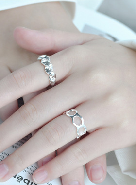 韩国S925纯银牛角包开口戒指女时尚个性ins小众设计食指女戒