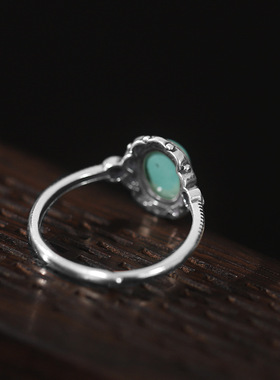 民族风绿松石女式手工S925银嵌泰银开口戒指复古做旧开口时尚简约