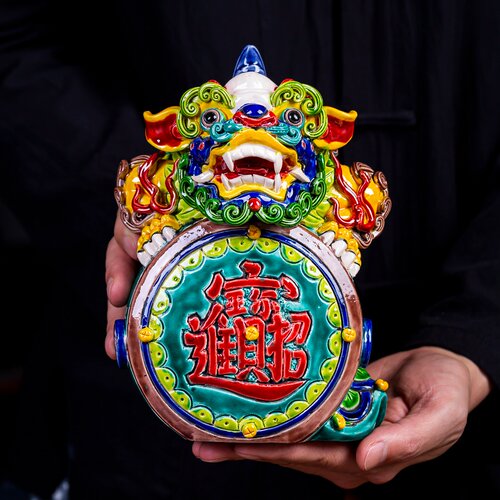 客厅陶瓷艺术品摆件纯手工交趾陶彩陶玄关鞋柜七彩貔貅对狮子麒麟 - 图1