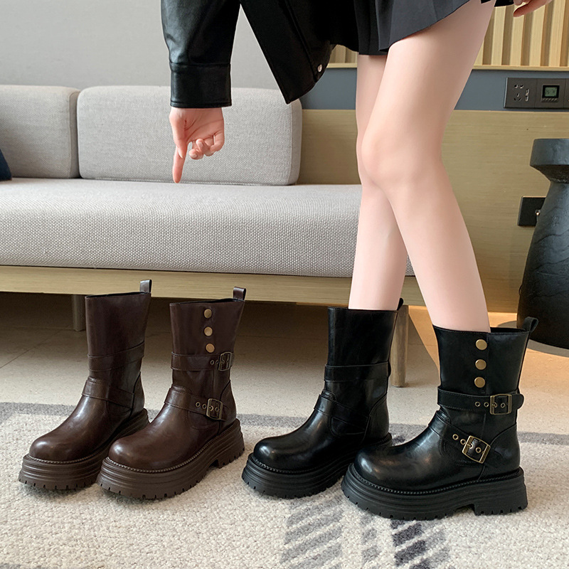 大码女靴胖mm粗腿厚底复古短靴大筒围中筒靴宽胖脚短靴子加宽女鞋 - 图2