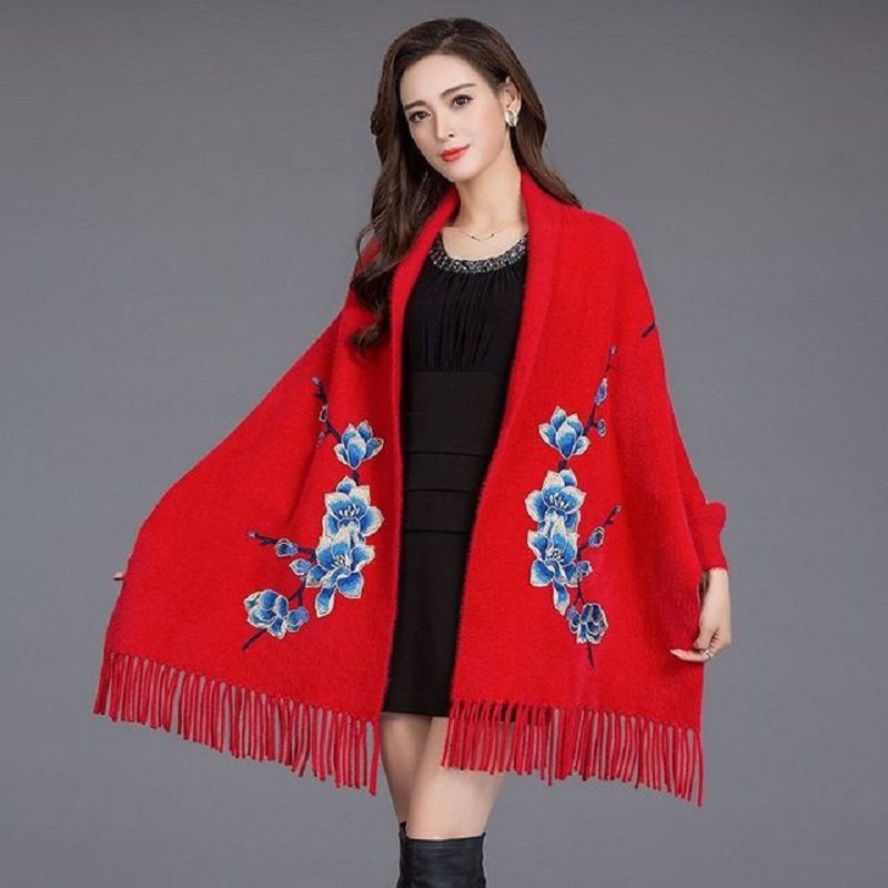 水貂绒斗篷披肩冬新款韩版流苏毛衣 冰吉毛针织衫