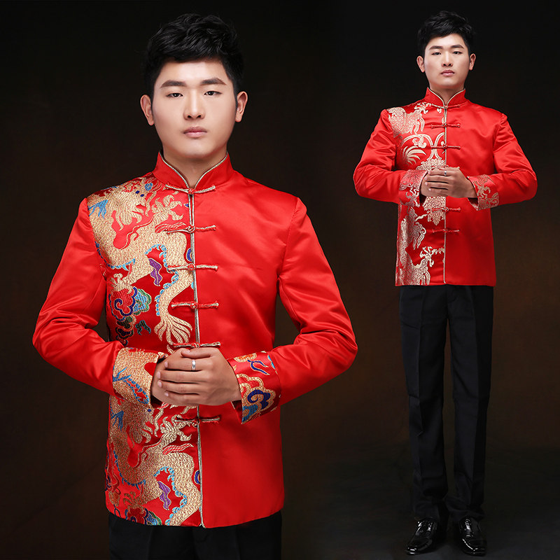 中式唐装外套男士大码中国风红色缎面长袖中山装司仪新年会演出服,淘宝优惠券,粉丝福利购,淘宝优惠卷