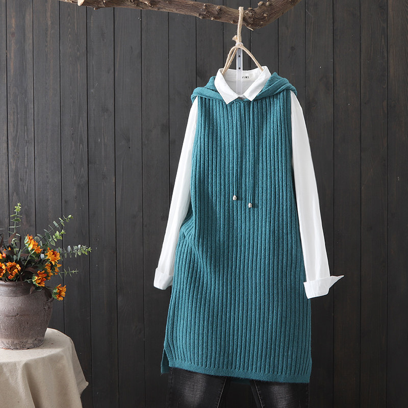 中长款针织女纯色条纹连帽无袖马甲 旭宁服饰马夹