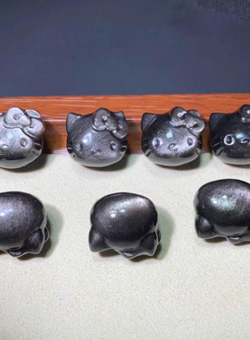DIY天然银曜石凯蒂猫头手链女款可爱小猫咪吊坠项链挂件饰品礼物