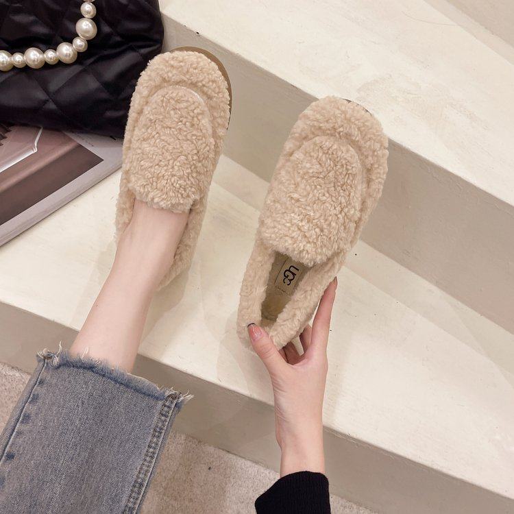 毛毛鞋女秋冬外穿2025年新款松糕厚底羊羔毛白色一脚蹬豆豆鞋孕妇,淘宝优惠券,粉丝福利购,淘宝优惠卷