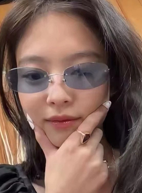 空气蓝Jennie无边框兰色墨镜中古复古千禧辣妹拍照氛围太阳眼镜女