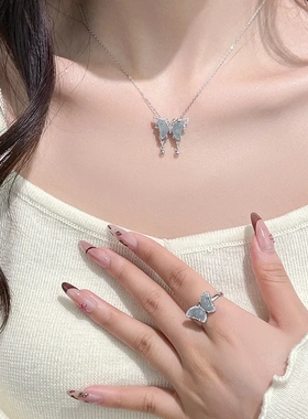 蓝水翡翠蝴蝶戒指女925纯银ins清冷感气质指环新中式食指戒