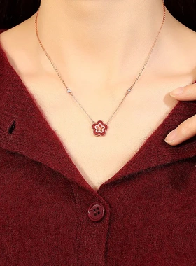 原创幸运有钱花项链女纯银国潮新中式本命年红玛瑙锁骨链钱币吊坠