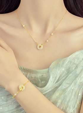 原创竹节平安项链女纯银镀18K金色文艺复古国潮新中式和田玉吊坠