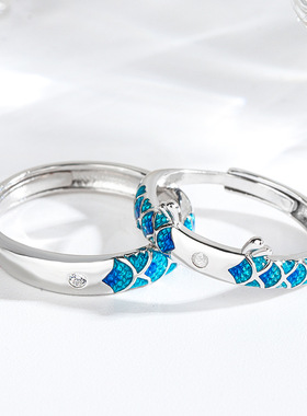 s925纯银蓝色龙鳞情侣戒指男女一对可爱萌趣对戒生日定情送礼物