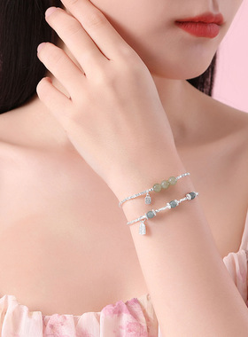 和田玉碎银手链女925纯银新中平安喜乐手环轻奢小众ins闺蜜手串