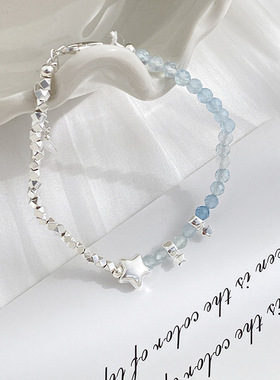 925纯银轻奢小众星星碎银手链女夏季ins风小清新心蓝色玻璃珠手串