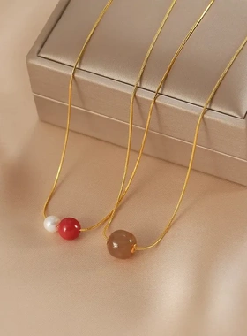 925纯银南红贝珠项链18K色新中式几何串珠锁骨链夏季简约网红吊坠
