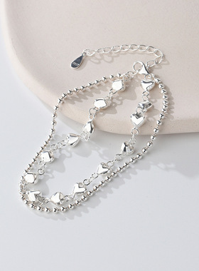 s925纯银爱心手链女甜美网红气质双层心形手链高级感小众手饰