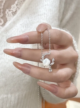 原创月牙玫瑰花项链925纯银法式复古花卉锁骨链女夏季轻奢高级感