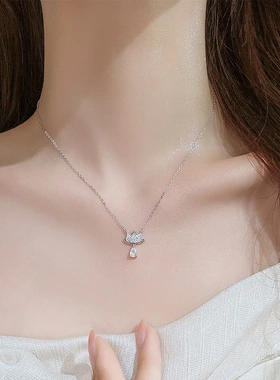 925银水滴莲花新中式锁骨链女