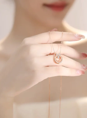 蝴蝶结在逃公主项链女925纯银简约几何玫瑰金气质锁骨链吊坠