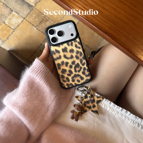 原创小众时髦皮质豹纹iPhone17promax手机壳磁吸15pro个性五角星挂件苹果16pro保护壳全包边 - 图3