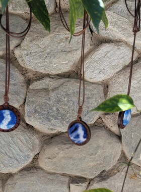 民族风扎染项链旧木雕花文艺蓝染挂件白族手工毛衣链大理旅游礼物