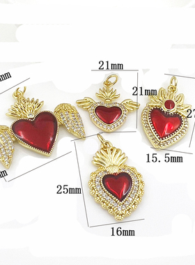 保色滴油红色吊坠diy 饰品配件18K包金桃心吊坠微镶锆石项链坠