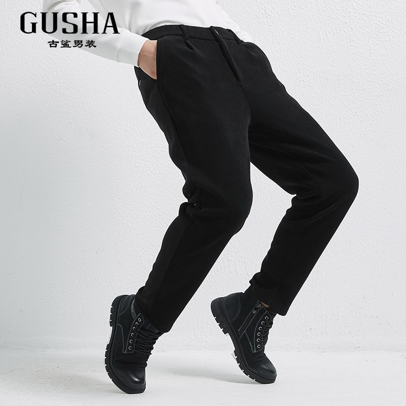 【清仓】古鲨黑色半松紧腰休闲西裤加厚商务通勤休闲长裤冬季新款,淘宝优惠券,粉丝福利购,淘宝优惠卷