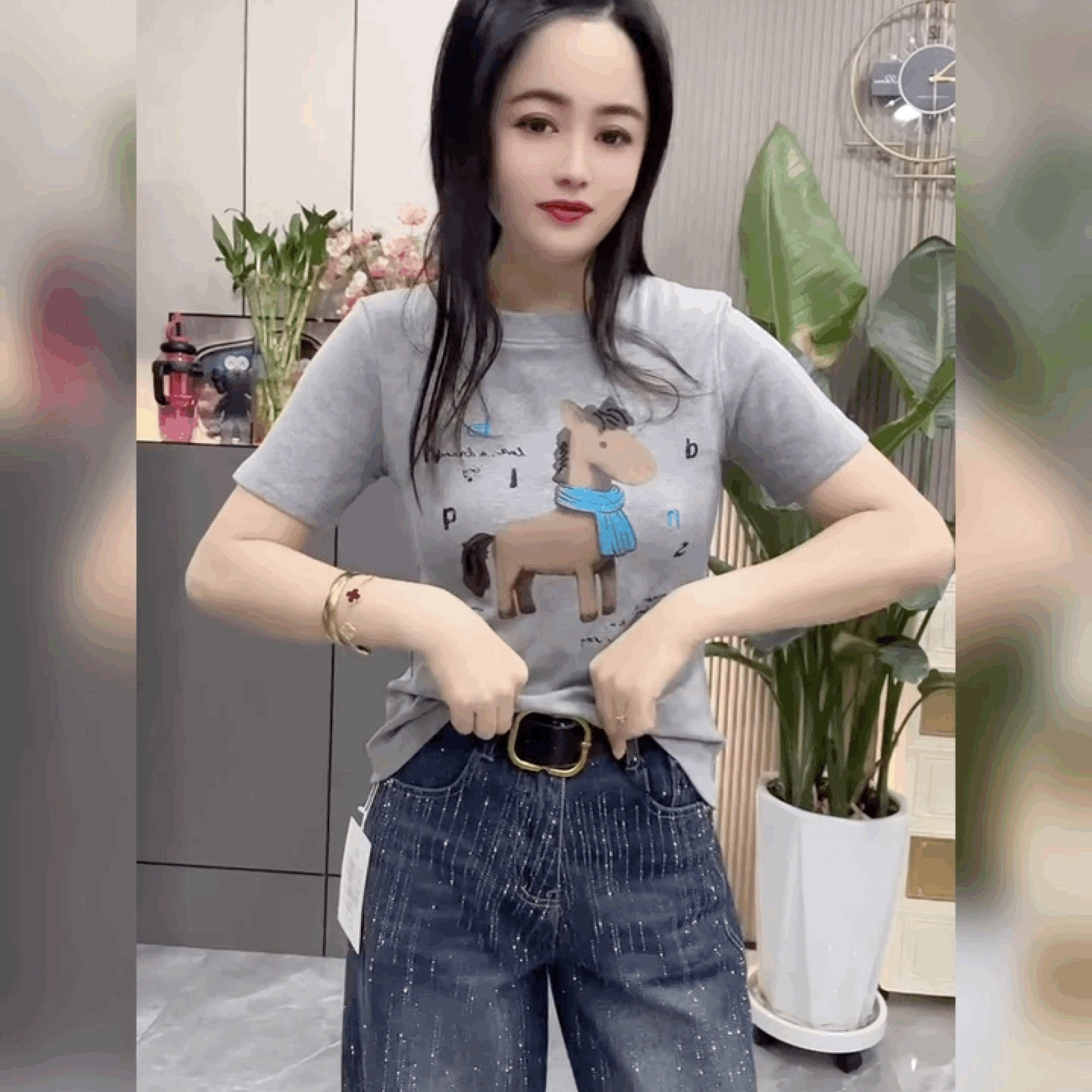 修身圆领半袖法式红色上衣本命年短袖小红马T恤衫新年百搭打底衫 - 图1