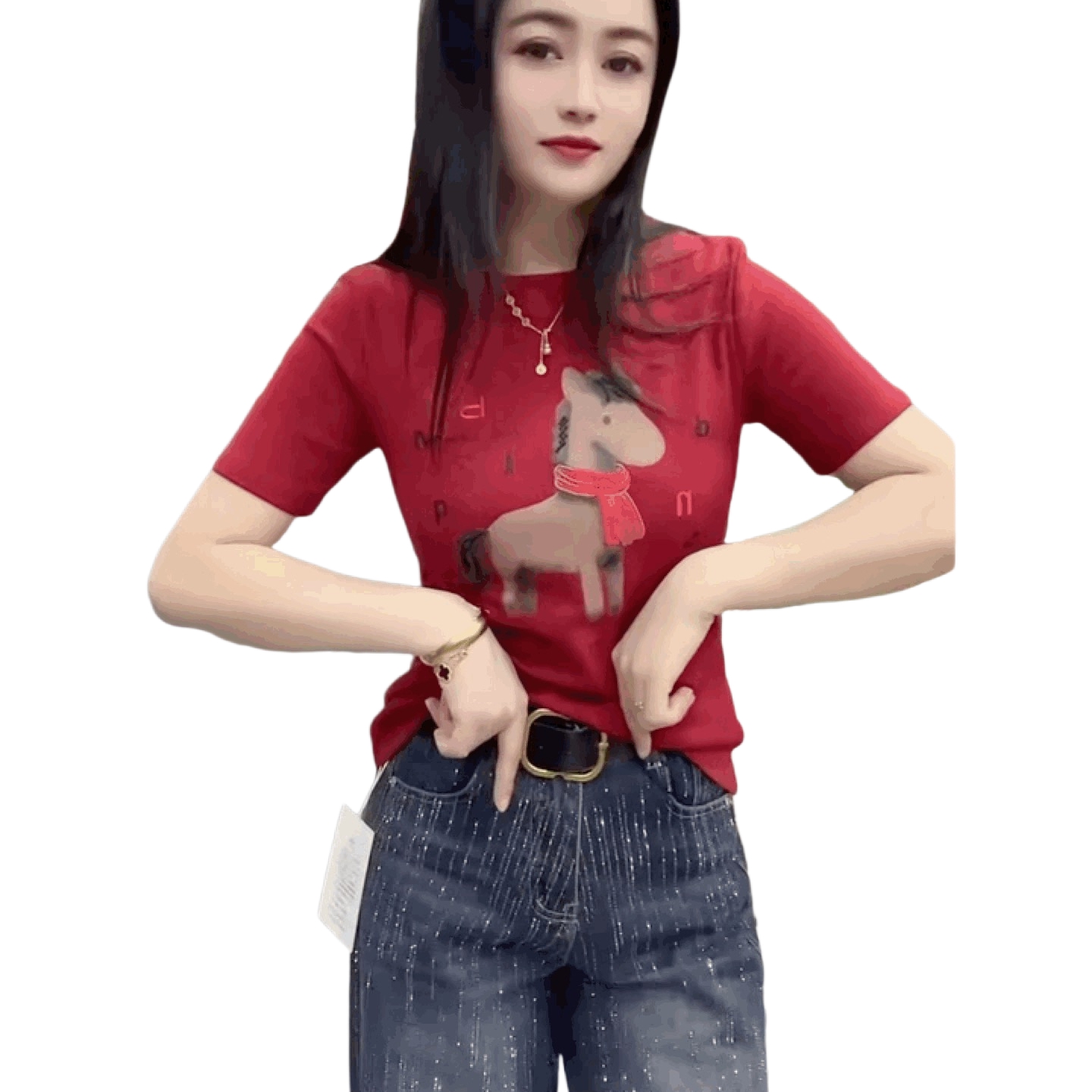 修身圆领半袖法式红色上衣本命年短袖小红马T恤衫新年百搭打底衫 - 图3