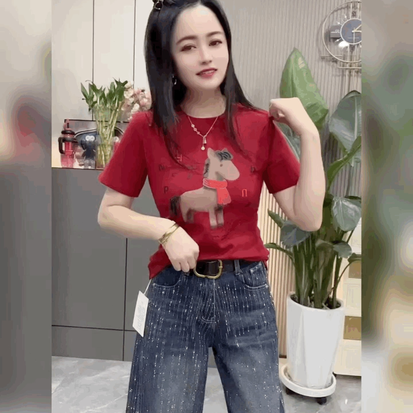 修身圆领半袖法式红色上衣本命年短袖小红马T恤衫新年百搭打底衫 - 图0