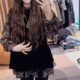 Ruffled black loose hip-covering mid-length top, lazy style overshirt, gold velvet patchwork chiffon shirt for women