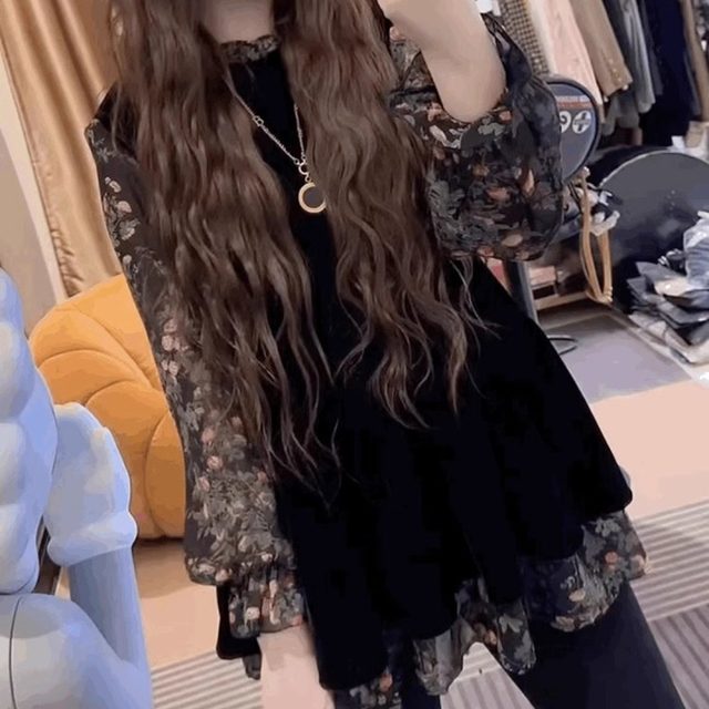 Ruffled black loose hip-covering mid-length top, lazy style overshirt, gold velvet patchwork chiffon shirt for women