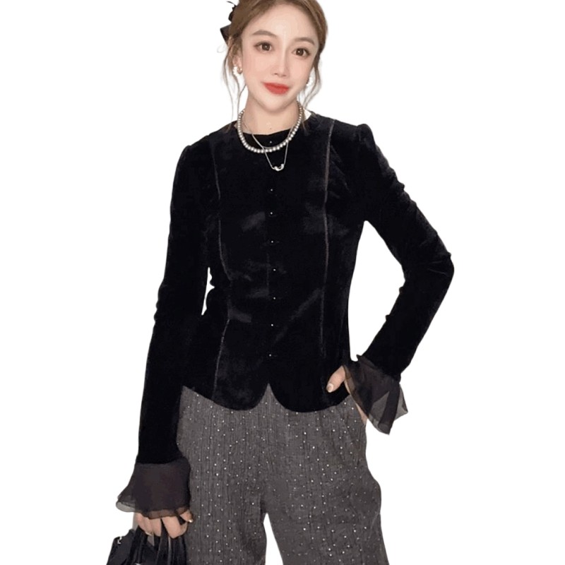 法式名媛小香风金丝绒衬衫女喇叭袖T恤打底衫潮黑色丝绒圆领上衣,淘宝优惠券,粉丝福利购,淘宝优惠卷