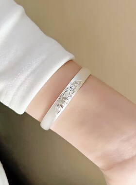 莲花心经实心足银开口手镯送礼