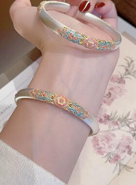 纯银珐琅彩描金海棠花开口手镯女