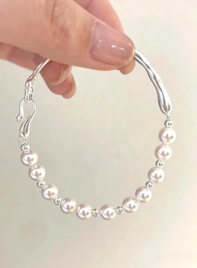 珍珠半镯手链女竹节树枝纯银手镯