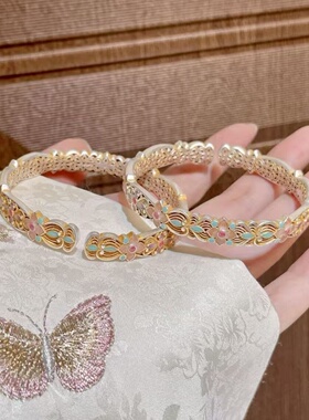 纯银珐琅彩描金手镯女新中式国风