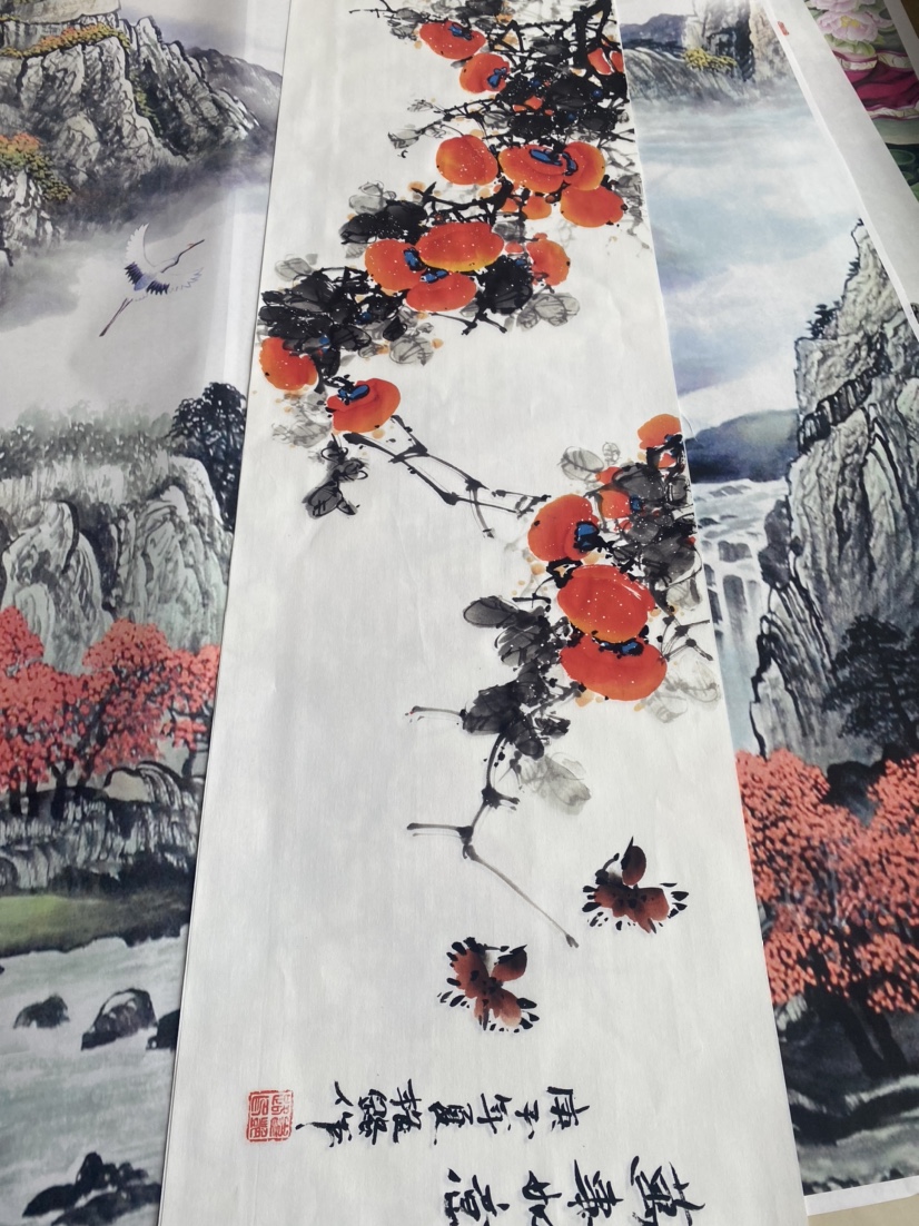 横幅长条柿子花鸟画万事如意国画水墨山水挂画玄关微喷复制字画芯 - 图0