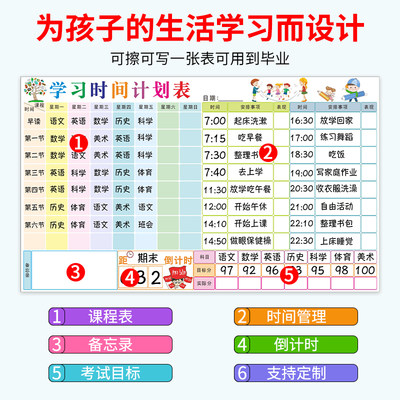 中小学生目标学习时间计划表课程表好习惯养成规划表作息记录墙贴 虎窝淘