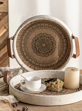 法式复古做旧实木铁艺托盘果盘